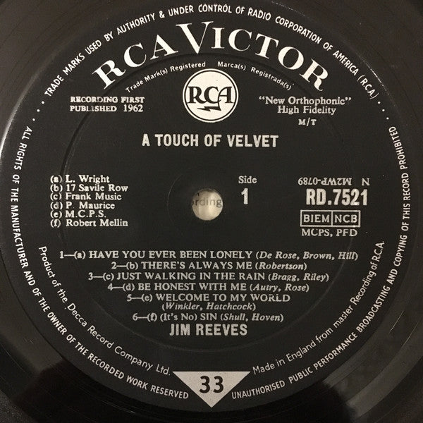 Jim Reeves : A Touch Of Velvet (LP, Album, Mono)