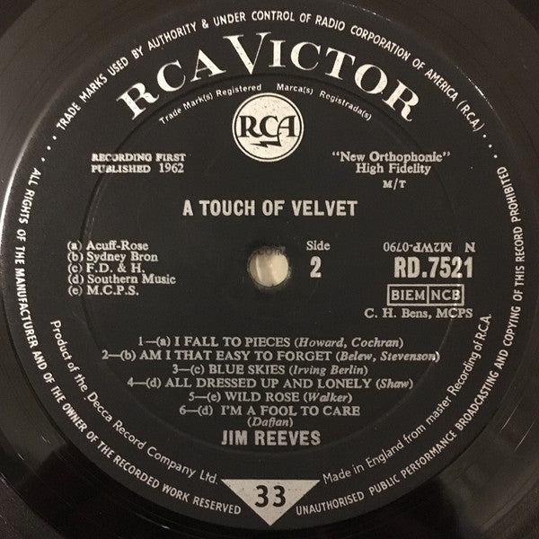 Jim Reeves : A Touch Of Velvet (LP, Album, Mono)