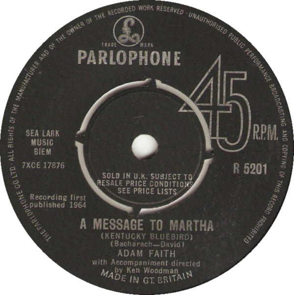 Adam Faith : A Message To Martha (Kentucky Bluebird) (7", Single)