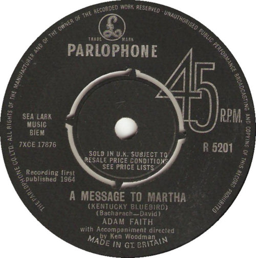 Adam Faith : A Message To Martha (Kentucky Bluebird) (7", Single)