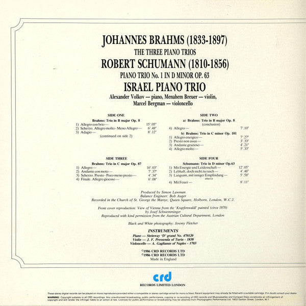 Johannes Brahms / Robert Schumann - Israel Piano Trio : The Three Piano Trios / Piano Trio No. 1 In D Minor Op. 63 (2xLP)