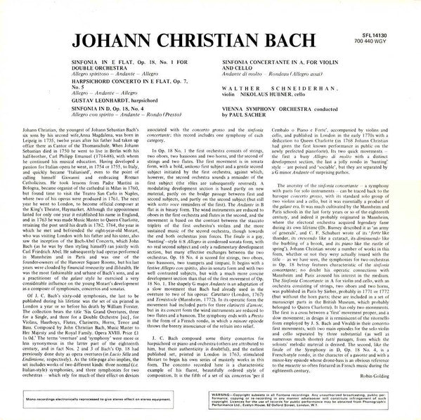 Johann Christian Bach, Wiener Symphoniker, Paul Sacher : Sinfonias (LP, RE, RM)