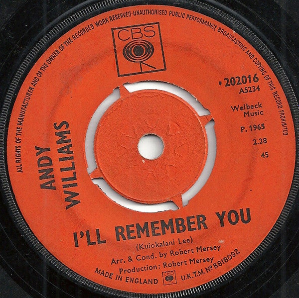 Andy Williams : I'll Remember You (7", Single)