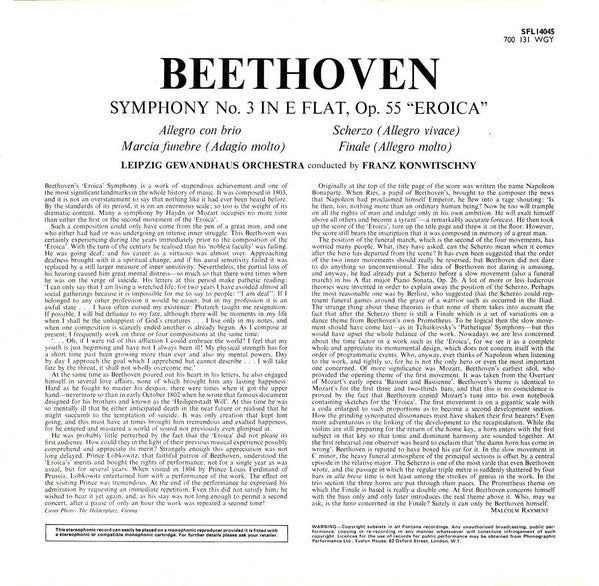 Ludwig van Beethoven, Gewandhausorchester Leipzig, Franz Konwitschny : Symphony No. 3 In E Flat, Op. 55 "Eroica" (LP, RE)