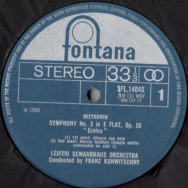 Ludwig van Beethoven, Gewandhausorchester Leipzig, Franz Konwitschny : Symphony No. 3 In E Flat, Op. 55 "Eroica" (LP, RE)