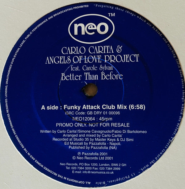 Carlo Carita & Angels Of Love : Better Than Before (12", Promo)