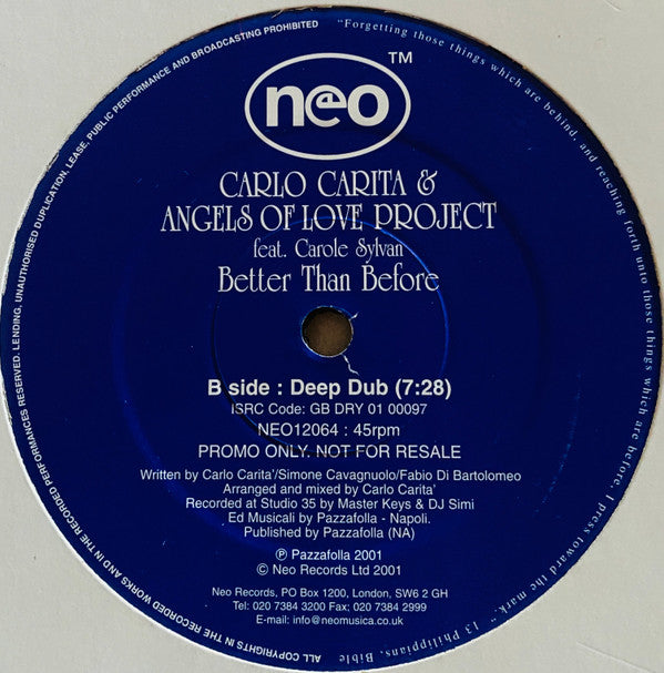 Carlo Carita & Angels Of Love : Better Than Before (12", Promo)