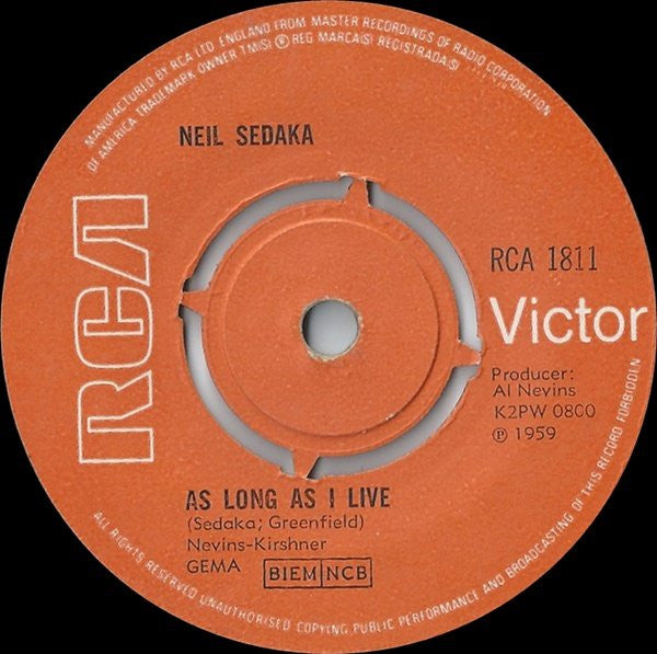 Neil Sedaka : Breaking Up Is Hard To Do / As Long As I Live (7", RE)