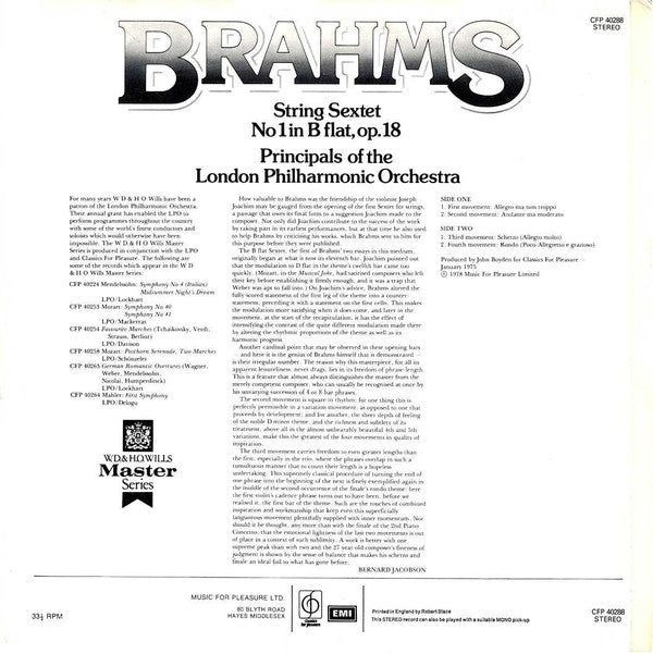 Johannes Brahms, London Philharmonic Orchestra : String Sextet No. 1 In B Flat, Op. 18 (LP)