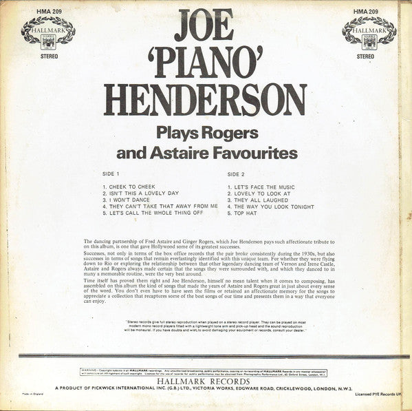 Joe "Mr Piano" Henderson : Plays Rogers & Astaire Favourites (LP, Album, RE)