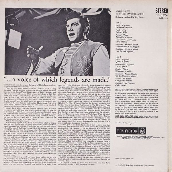 Mario Lanza : Mario Lanza Sings His Favorite Arias (LP)