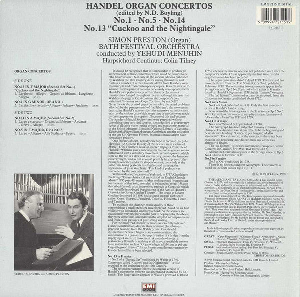 Georg Friedrich Händel, Simon Preston, Bath Festival Orchestra, Yehudi Menuhin : Organ Concertos No.1, No.5, No.14, No.13 "Cuckoo And The Nightingale" (LP, RE)