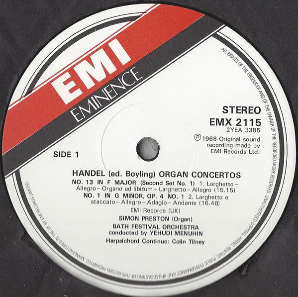 Georg Friedrich Händel, Simon Preston, Bath Festival Orchestra, Yehudi Menuhin : Organ Concertos No.1, No.5, No.14, No.13 "Cuckoo And The Nightingale" (LP, RE)