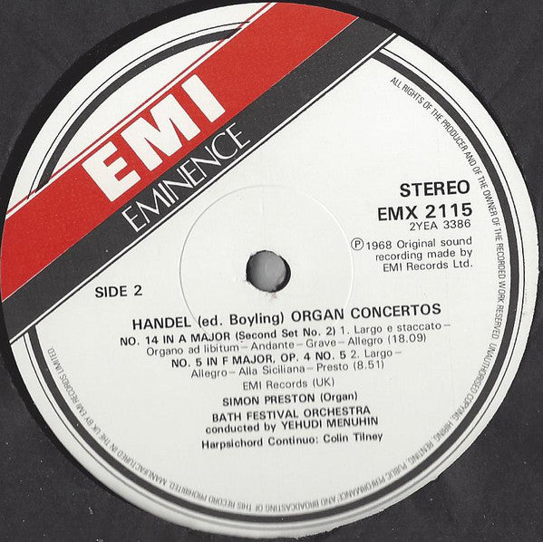 Georg Friedrich Händel, Simon Preston, Bath Festival Orchestra, Yehudi Menuhin : Organ Concertos No.1, No.5, No.14, No.13 "Cuckoo And The Nightingale" (LP, RE)