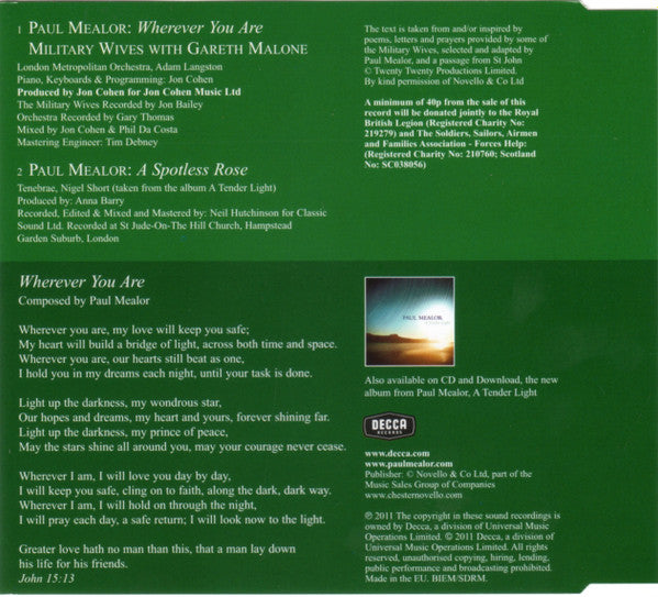 Military Wives With Gareth Malone, Paul Mealor : Wherever You Are (CD, Single)