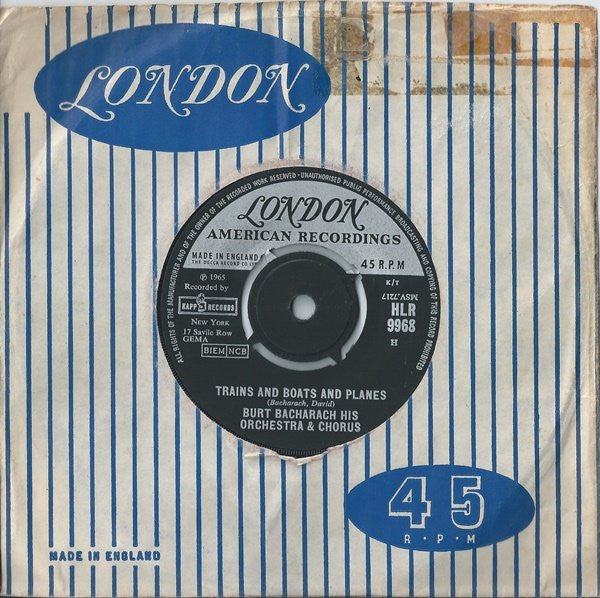Burt Bacharach & His Orchestra & The Burt Bacharach Singers : Trains And Boats And Planes (7", Single)