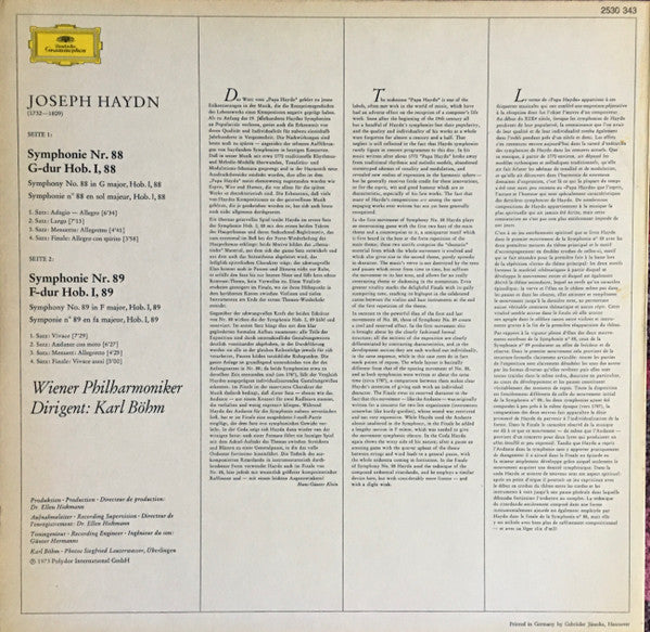 Joseph Haydn - Wiener Philharmoniker  · Karl Böhm : Symphonien Nr. 88 G-dur = In G Major / Nr. 89 F-dur = In F Major (LP)