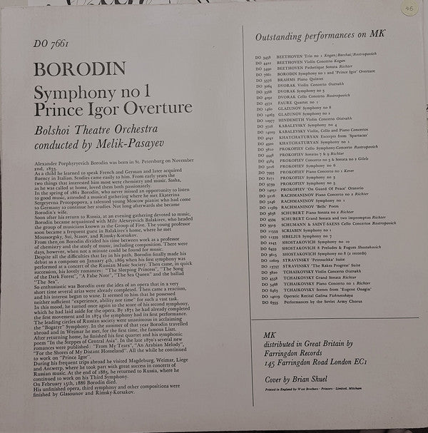 Bolshoi Theatre Orchestra / Alexander Melik-Pashayev, Alexander Borodin : Symphony No 1 (LP)