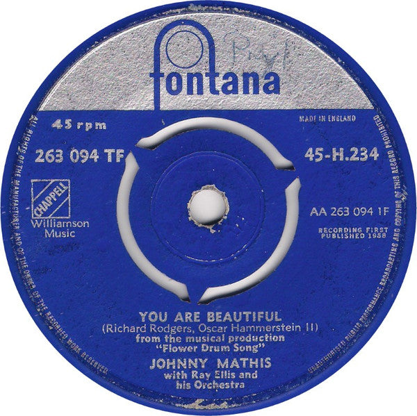 Johnny Mathis With Ray Ellis And His Orchestra : You Are Beautiful (7")