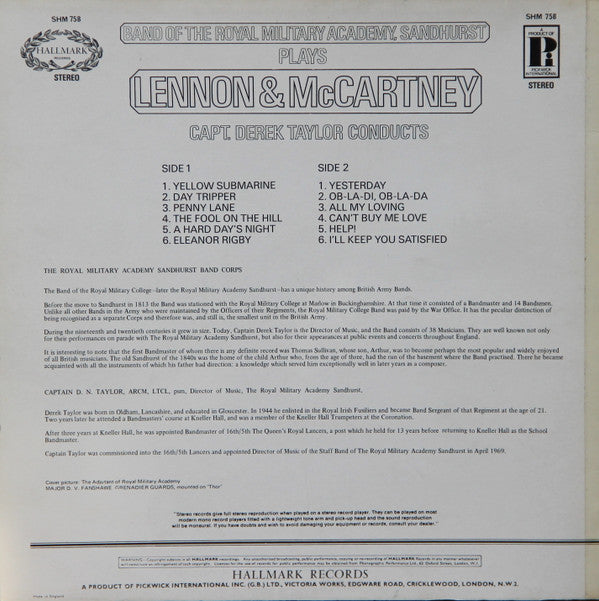 Band Of The Royal Military Academy, Sandhurst Plays Lennon-McCartney : Band Of The Royal Military Academy, Sandhurst Plays Lennon & McCartney (LP)