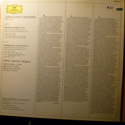 Johannes Brahms, Melos Quartett : Streichquartette - String Quartets: B-Dur (In B-Flat Major) Op. 67; C-Moll (In C Minor) Op. 51 Nr. 1 (LP)