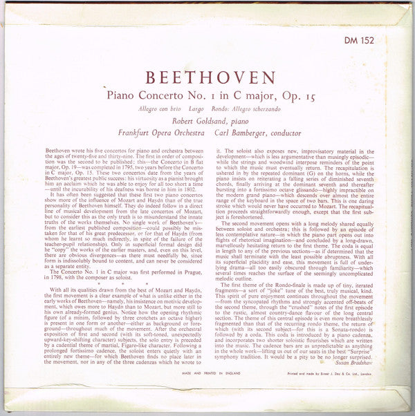 Ludwig van Beethoven — Robert Goldsand , Pianist - Frankfurter Opern- Und Museumsorchester - Carl Bamberger : Piano Concerto No. 1 In C Major, Opus 15 (10", Mono)