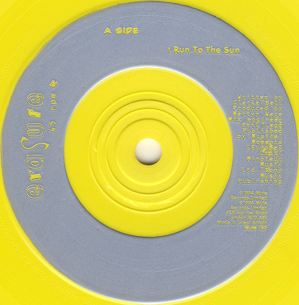 Erasure : Run To The Sun (7", Single, Ltd, Yel)
