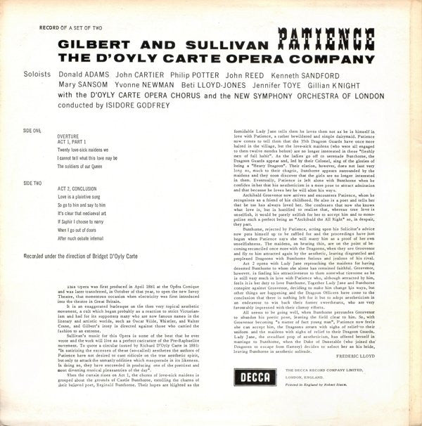 Gilbert & Sullivan, D'Oyly Carte Opera Company : Patience (With Complete Dialogue) (2xLP, Album, RP)