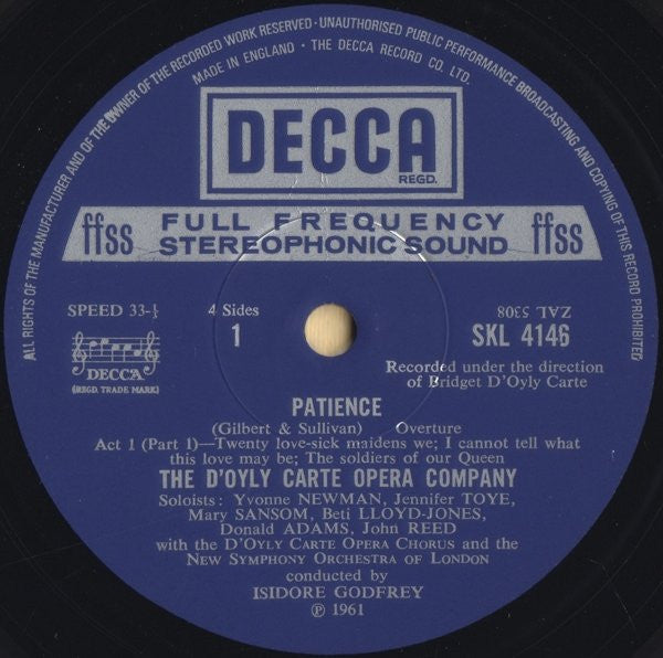 Gilbert & Sullivan, D'Oyly Carte Opera Company : Patience (With Complete Dialogue) (2xLP, Album, RP)