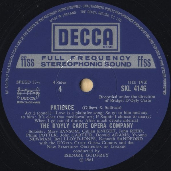Gilbert & Sullivan, D'Oyly Carte Opera Company : Patience (With Complete Dialogue) (2xLP, Album, RP)