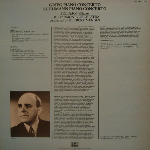 Edvard Grieg • Robert Schumann • Solomon (6) • Philharmonia Orchestra • Herbert Menges : Piano Concertos (LP)