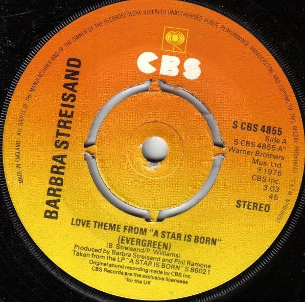 Barbra Streisand : Love Theme From "A Star Is Born" (Evergreen) (7", Single, Kno)