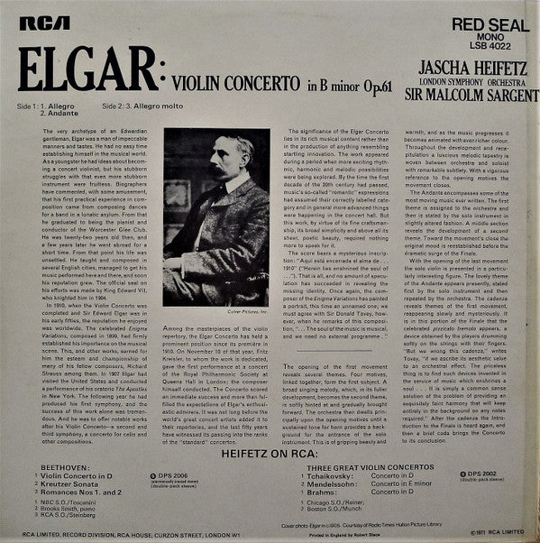 Sir Edward Elgar - Jascha Heifetz, London Symphony Orchestra, Sir Malcolm Sargent : Violin Concerto In B Minor (LP, Mono)