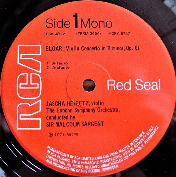 Sir Edward Elgar - Jascha Heifetz, London Symphony Orchestra, Sir Malcolm Sargent : Violin Concerto In B Minor (LP, Mono)