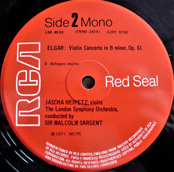 Sir Edward Elgar - Jascha Heifetz, London Symphony Orchestra, Sir Malcolm Sargent : Violin Concerto In B Minor (LP, Mono)