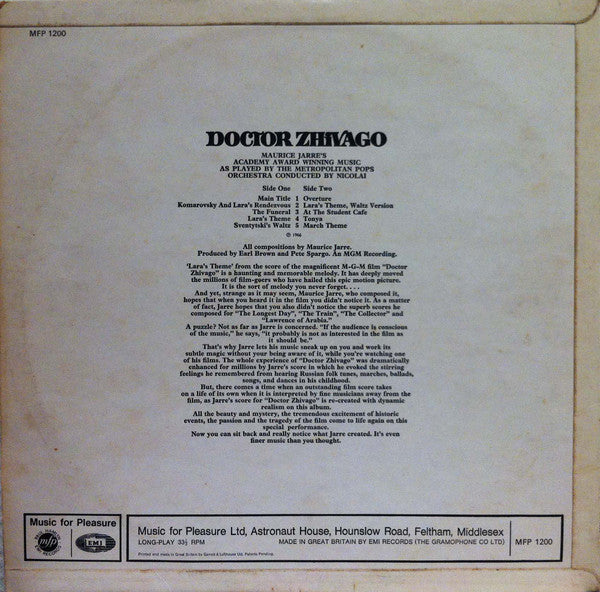 Maurice Jarre / The Metropolitan POPS Orchestra : Doctor Zhivago (LP, Album, Mono)