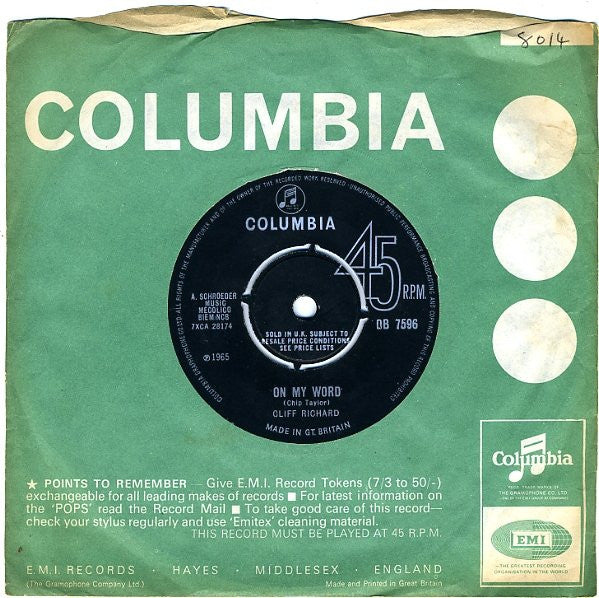 Cliff Richard & The Shadows : On My Word / Just A Little Bit Too Late (7", Single)