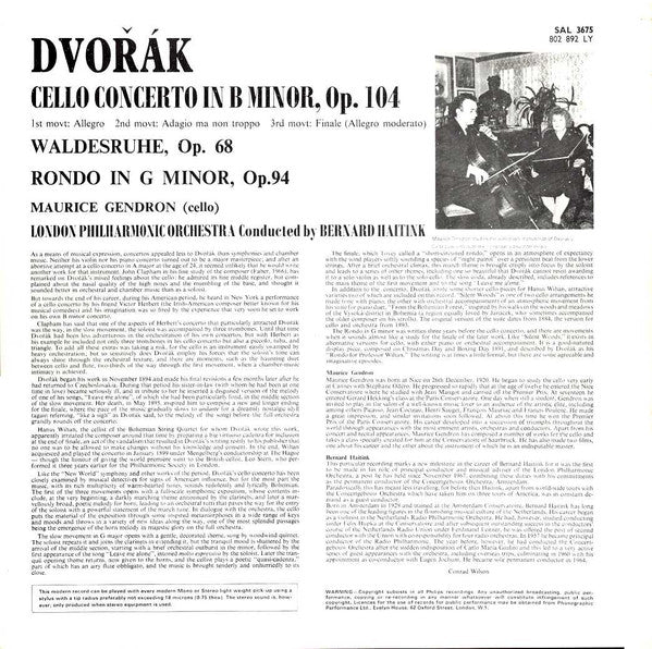 Antonín Dvořák, Maurice Gendron, London Philharmonic Orchestra, Bernard Haitink : Cello Concerto / Waldesruhe / Rondo In G Minor (LP)