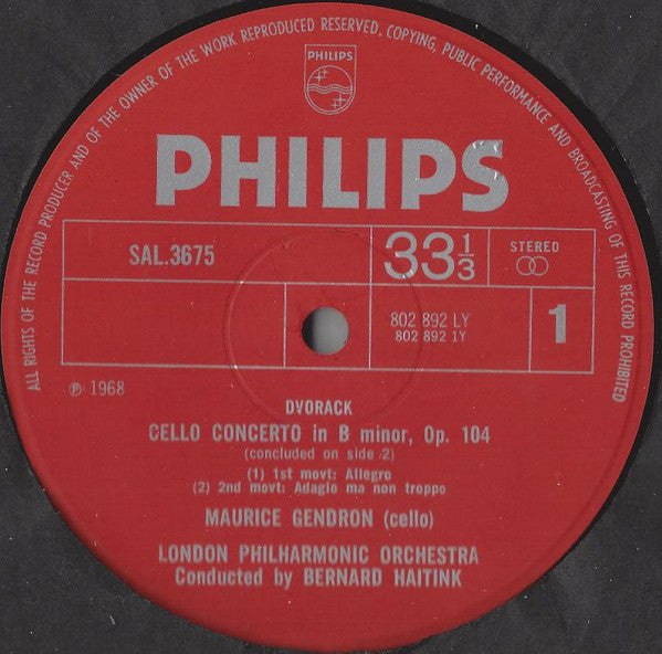 Antonín Dvořák, Maurice Gendron, London Philharmonic Orchestra, Bernard Haitink : Cello Concerto / Waldesruhe / Rondo In G Minor (LP)