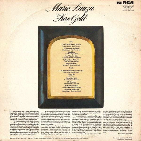 Mario Lanza : Pure Gold (LP, Album, RE)