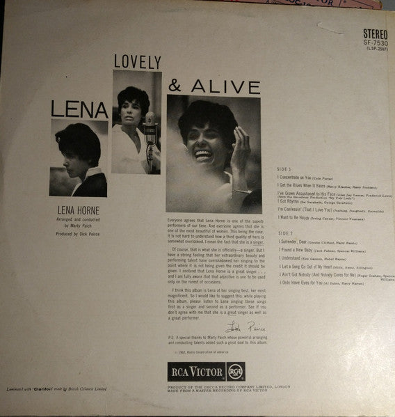 Lena Horne : Lovely And Alive (LP, RP)