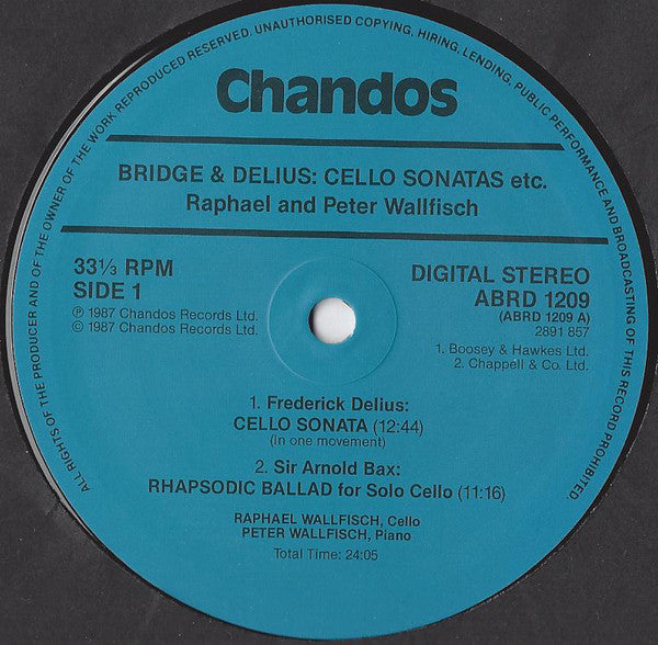 Frank Bridge / Frederick Delius / Arnold Bax / Sir William Walton, Raphael Wallfisch, Peter Wallfisch : Cello Sonata / Cello Sonata / Rhapsodie Ballad / Passacaglia (LP)