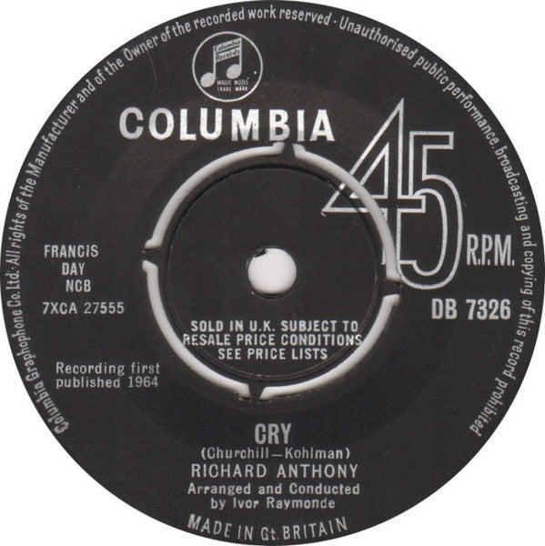 Richard Anthony (2) : Cry (7", Single)
