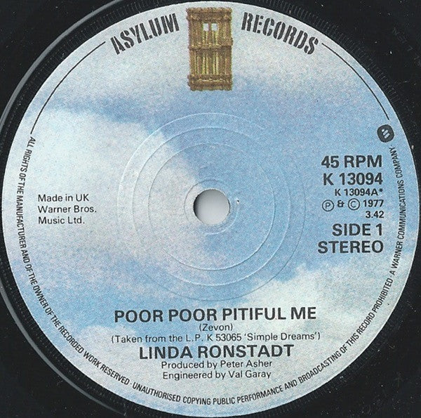 Linda Ronstadt : Poor Poor Pitiful Me (7", Single)