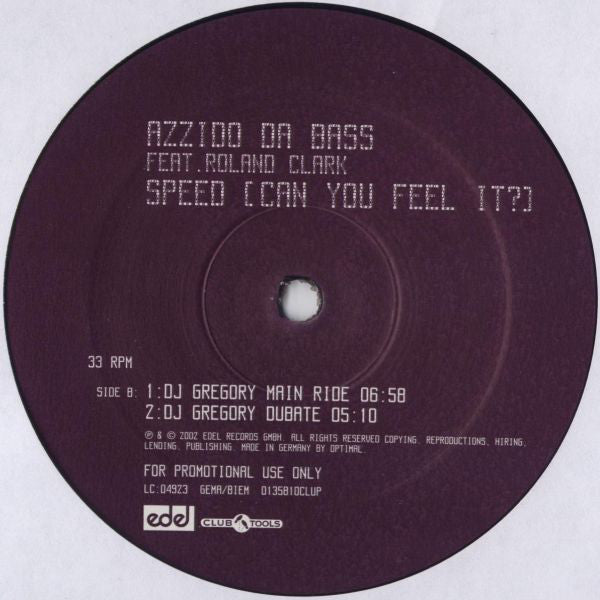 Azzido Da Bass Feat. Roland Clark : Speed (Can You Feel It?) (12", Promo)