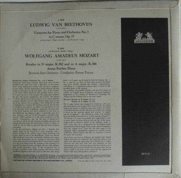 Ludwig van Beethoven / Wolfgang Amadeus Mozart, Annie Fischer : Concerto For Piano And Orchestra No.3 In C Minor, Op.37 / Rondos In D Major, K.382 And In A Major, K.386 (LP)