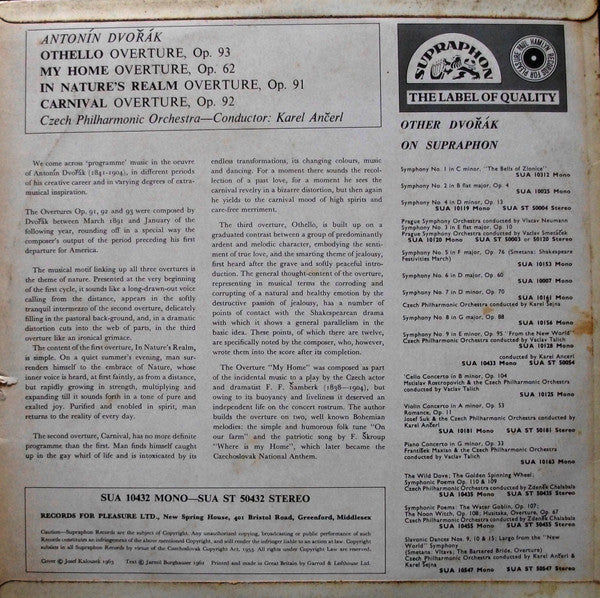 Antonín Dvořák - The Czech Philharmonic Orchestra / Karel Ančerl : Overtures (LP, Album)