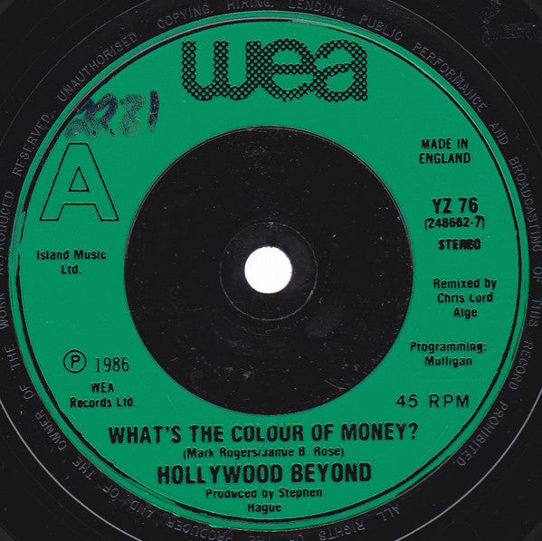 Hollywood Beyond : What's The Colour Of Money? (7", Single, Gre)