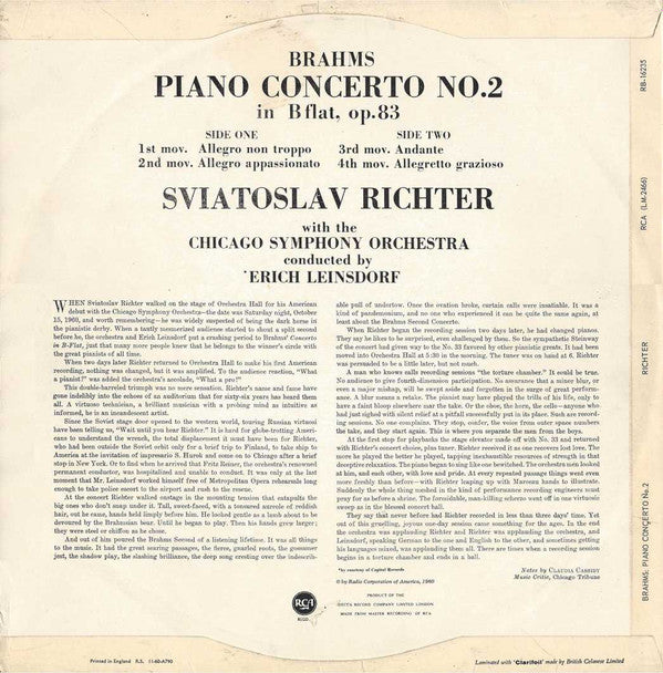 Johannes Brahms, Sviatoslav Richter, Chicago Symphony Orchestra, Erich Leinsdorf : Concerto No. 2 (LP, Mono)