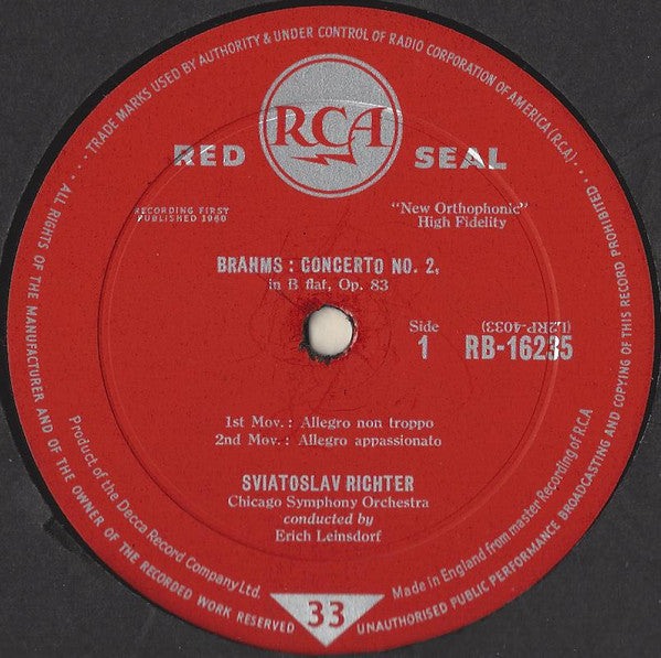 Johannes Brahms, Sviatoslav Richter, Chicago Symphony Orchestra, Erich Leinsdorf : Concerto No. 2 (LP, Mono)
